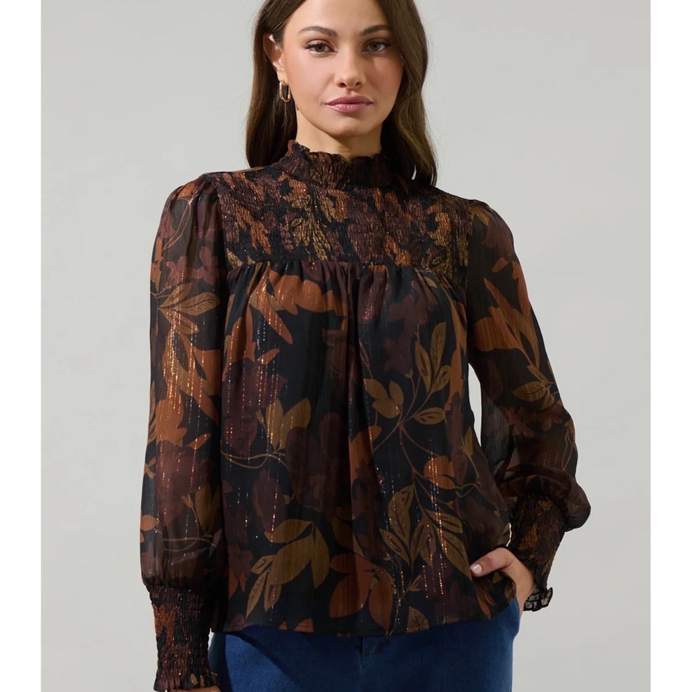 Larba Floral Sunnie Long Balloon Sleeve Top
 Black and Brown Women's Top